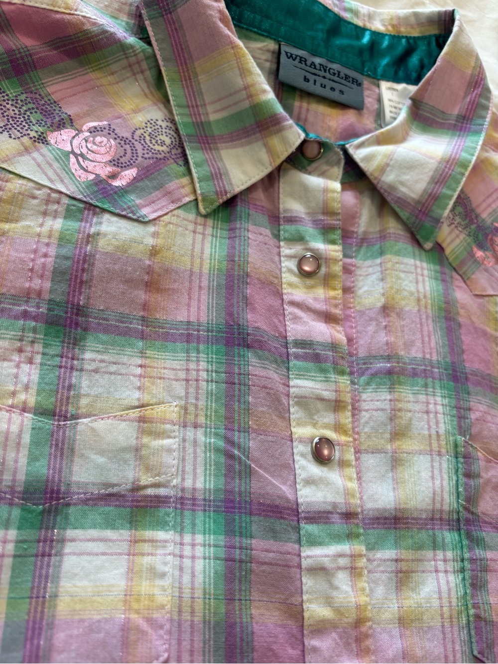 Wrangler Blues Sz L Cotton Plaid Metallic Shirt Pink Pearl Snap Buttons Western - Picture 5 of 10
